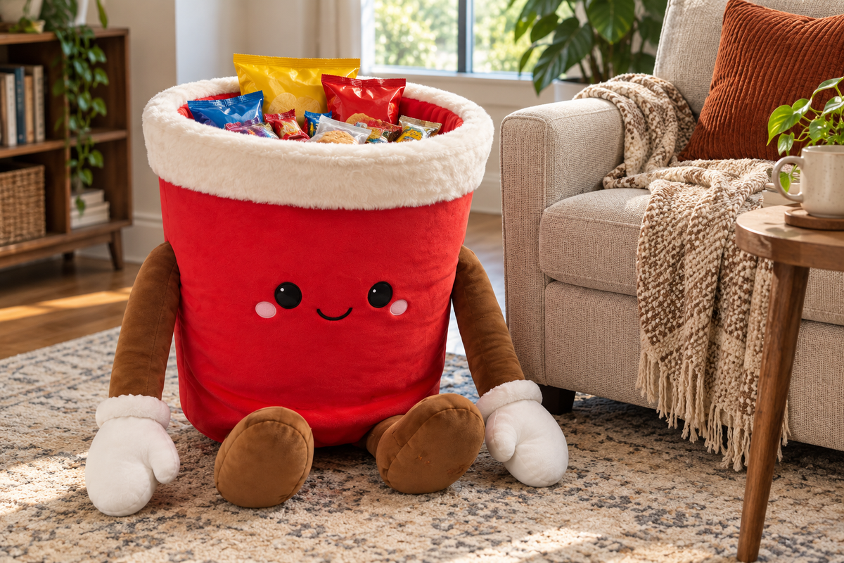 MILOLO holding snacks beside a sofa