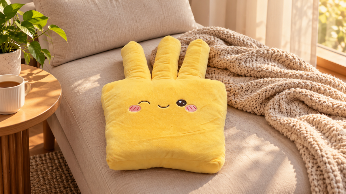 TOMIMI fries cushion on a sunlit sofa