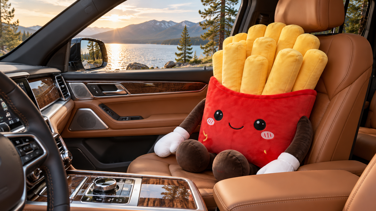 TOMIMI on a car passenger seat by the lake