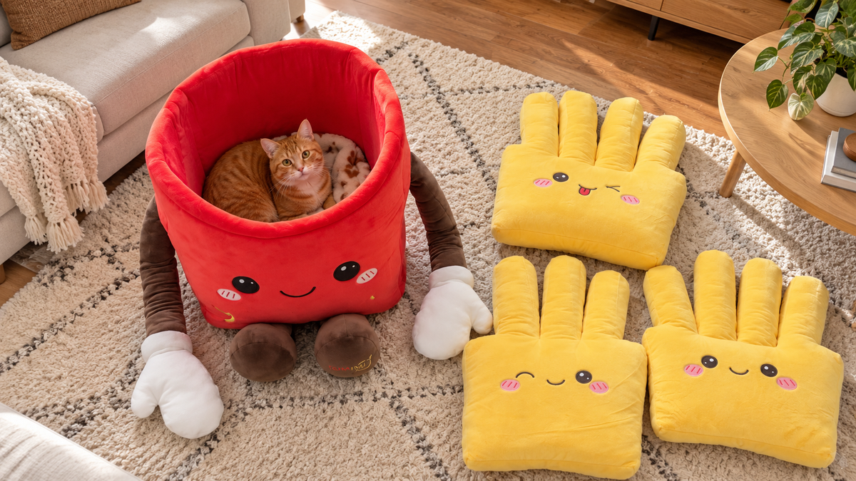 Cat resting inside TOMIMI beside three fries cushions