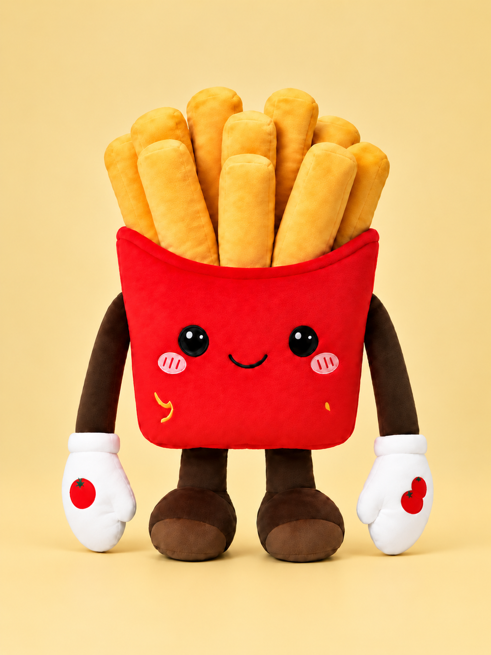 Close-up of TOMIMI, the smiling red fries companion